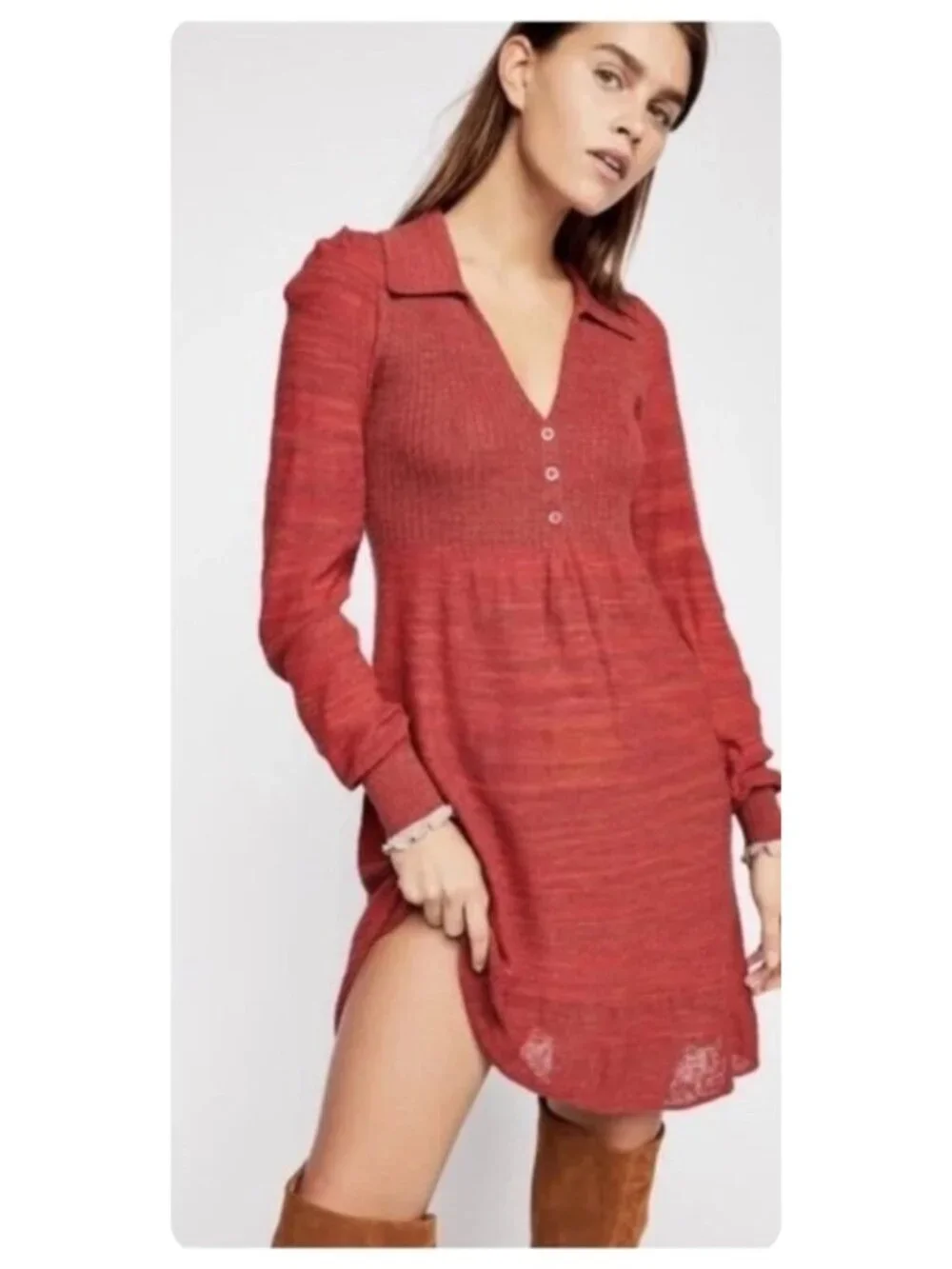 Free People Rain or Shine Knit Long Sleeve Collared Sweater Style Dress sz S